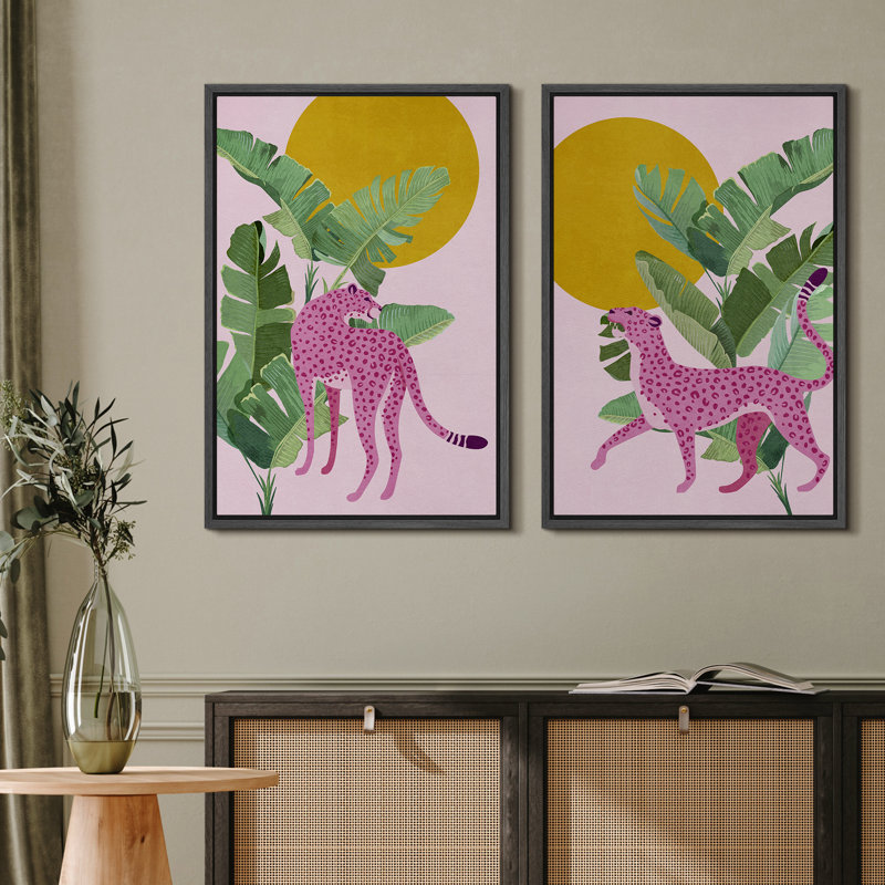 «Tropical Jungle», feuille de bananier, guépard rose, nature, ensemble de 2 impressions sur toile, H 24 po x l 32 po , Noir
