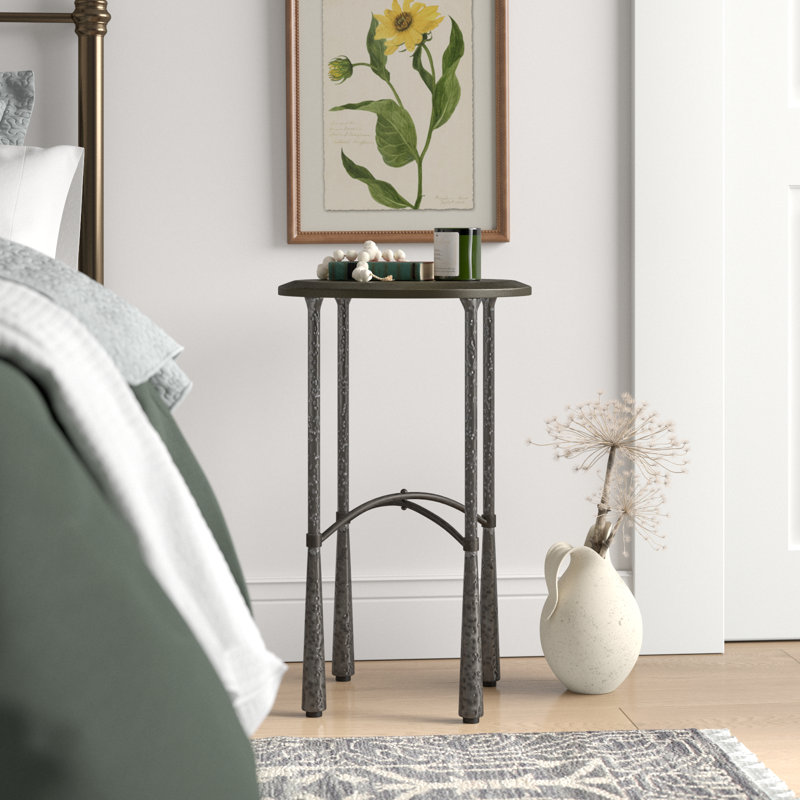 Black Distressed Metal and Wood Round End Table
