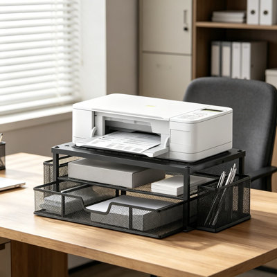 Support d'imprimante pour bureau avec rangement, support pour écran 2 niveaux en métal avec tiroir et porte-stylos, organisateur de bureau multifonctionnel pour bureau à domicile, noir