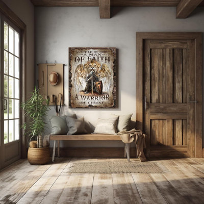 Christian Wall Art Man Of Faith Warrior Of Chirst Bible Verses Pictures Wall Decor Warrior Lion Scripture Quote Sign Canvas Framed Artwork Christian Gifts For Living Room Bedroom 12"X16"