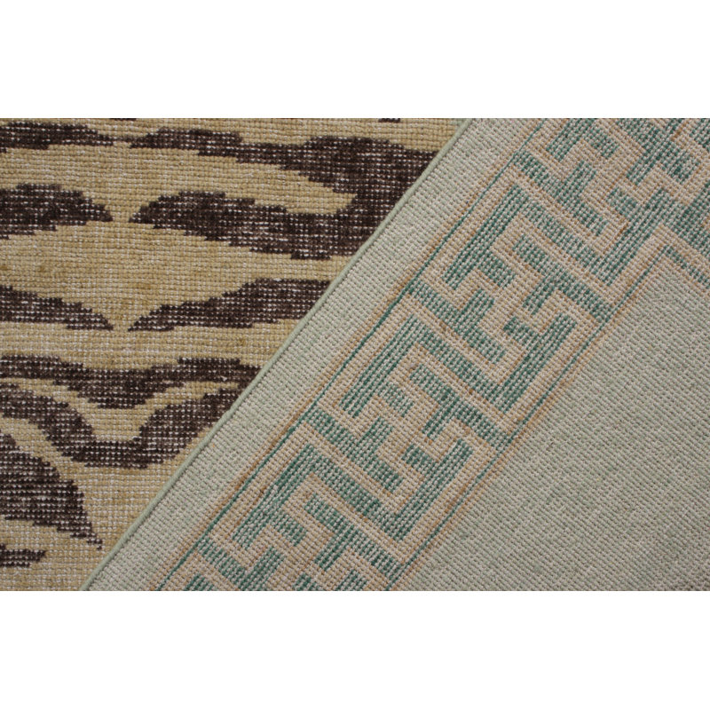 Rug & Kilim’S Classic Pictorial Tiger Rug In Green Distressed, Rectangle 12' x 15', Beige/Light Brown/Light Green