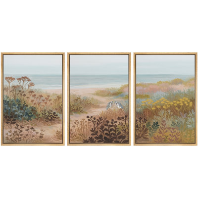 «Beach Path with Coastal Plants and Two Birds by the Shore», reproduction d'art sur toile encadrée