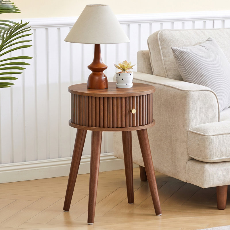 Table de bout ronde avec pieds en bois massif, Noyer
