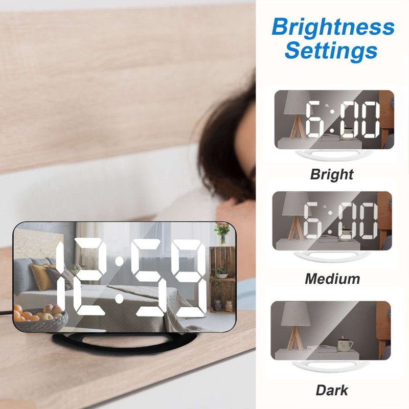 Slim LED Digital Alarm Clock, Mirror Surface for Makeup, with Diming, Large Display, USB Ports, White