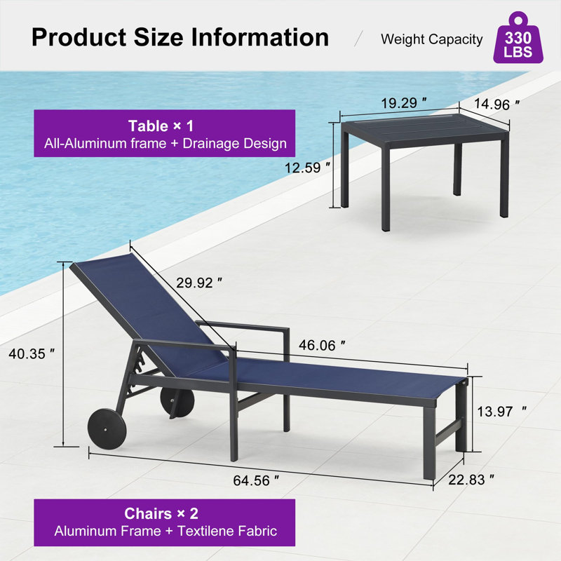 Chaise longue d'extérieur en aluminium avec roulettes et accoudoirs 2 pièces PURPLE LEAF, Bleu marine