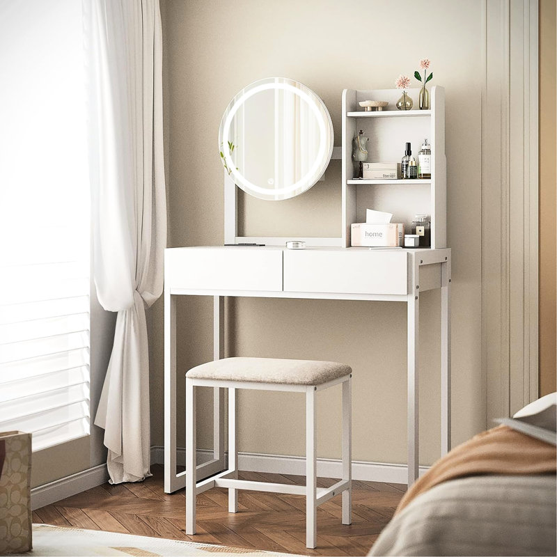 Petite table de coiffeuse avec miroir à DEL tactile, 3 modes d'éclairage, prise de courant, miroir de tiroir et tabouret de chambre à coucher avec tablettes de rangement ouvertes spacieuses