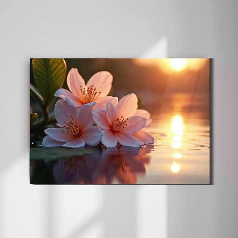 Art mural en verre trempé fleur rose, 20" H x 30" W