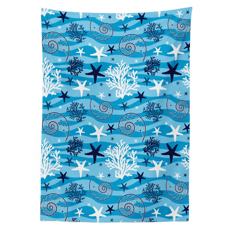 Seashells Tablecloth, Nautical Underwater Universe Design Of All Creatures Scallop Motif Illustration, Rectangular Table Cover For Dining Room Kitchen Decor, 52" X 70", Blue White