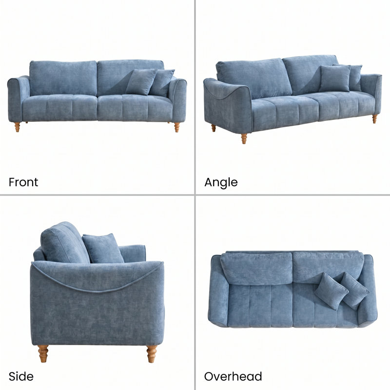 87" Modern Flared Arm Textured Linen Sofa, Blue