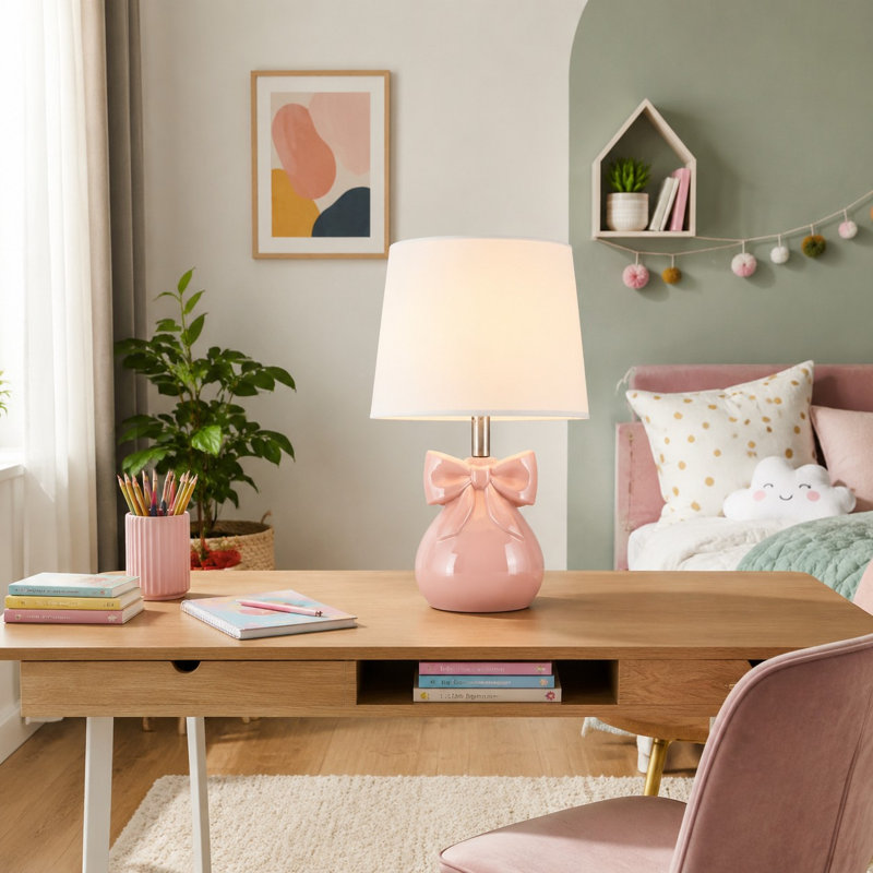 Lampe de table rose à nœud de 48 cm (19 pouces) pour chambre de fille, conçue comme une jolie lampe pour chambre d'enfant