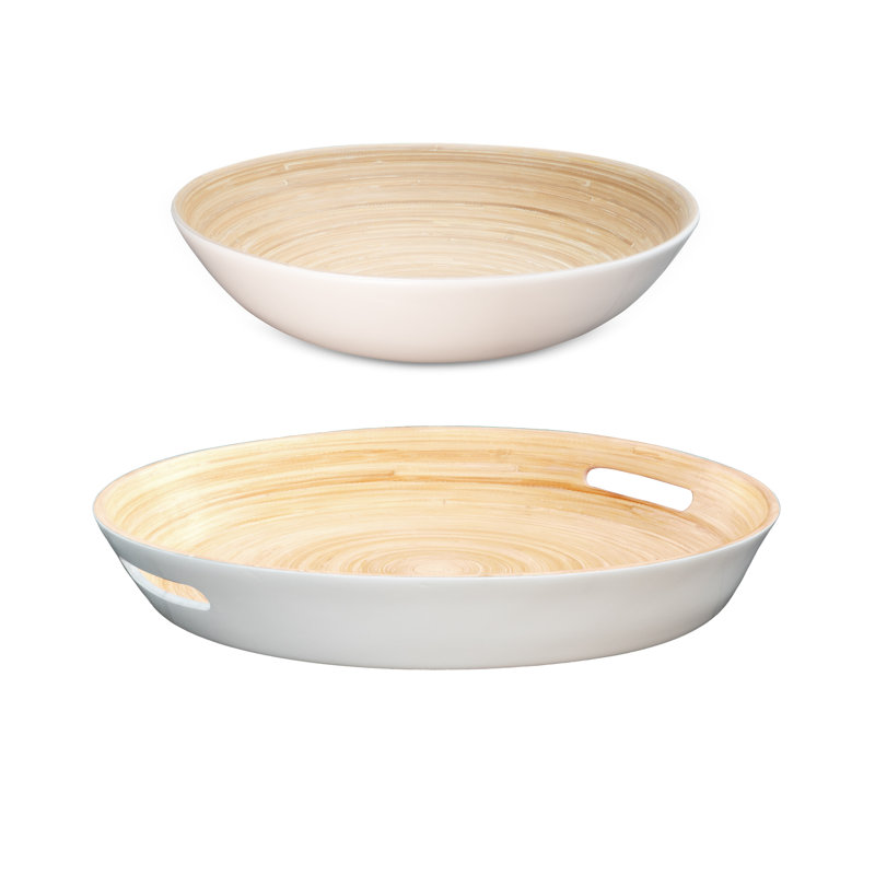 Lexa Bamboo 2 Piece Serving Tray & Salad Bowl Set, White, White