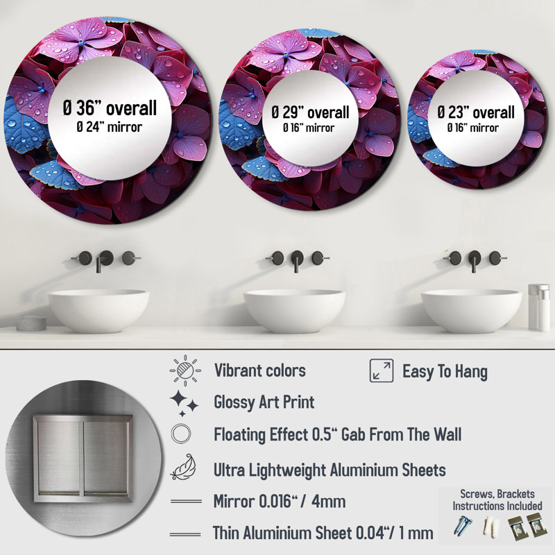 Seran néon rose hortensia harmonie - hortensia miroir mural décoratif, 29 po x 29 po