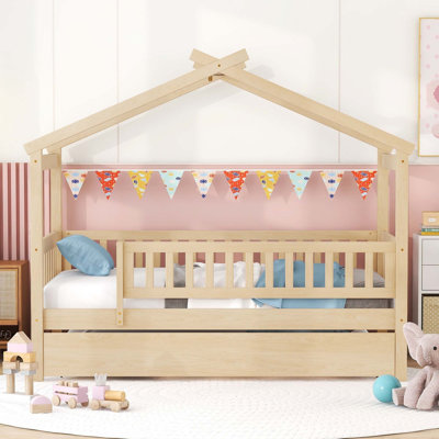 Wooden House Bed with Twin Size Trundle