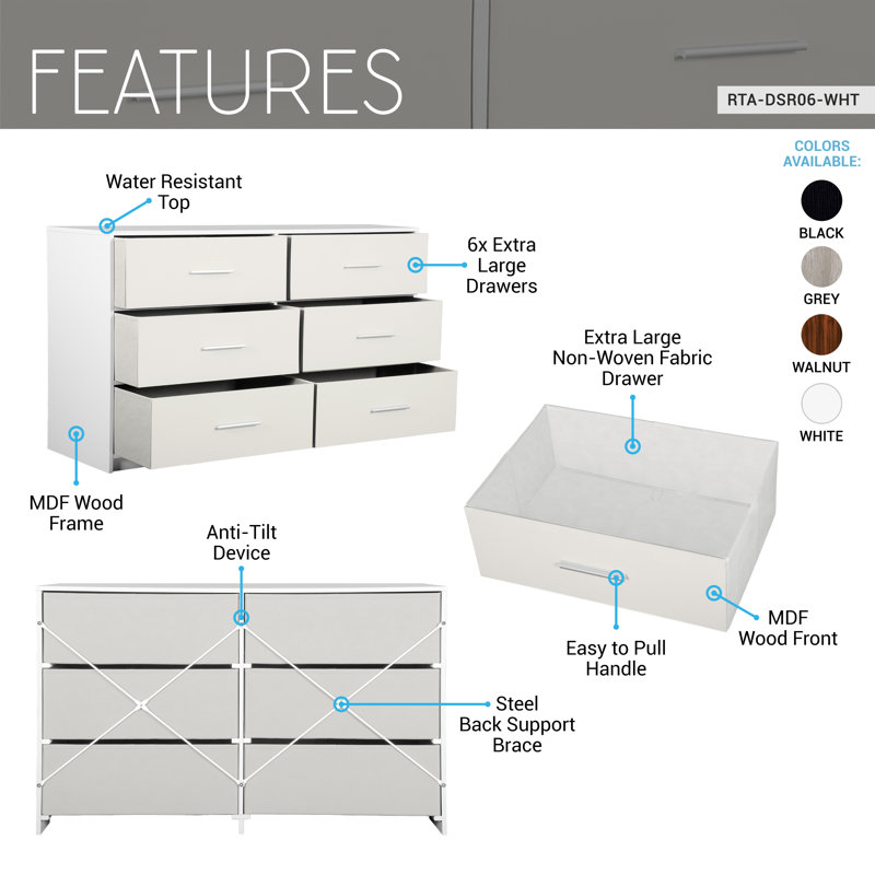 6-Drawer Dresser With Large Fabric Drawers, White