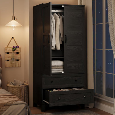 72 in Wooden Armoire Wardrobe Closet with 2 Drawers, Doors & Hanging Rod, Tall Clothing Cabinet with 18 Adjustable Shelves for Bedroom Clothes Storage