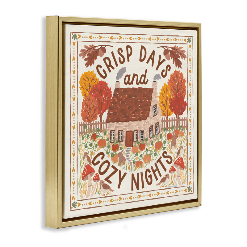 "Crisp Days & Cozy Nights", art mural encadré par Laura Marshall, Cadre flottant métallique doré, H 25 po x l 25 po