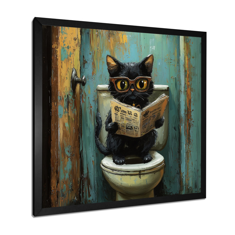 «Cute Cat Ready», journal sur la toilette II - art mural chat, H 16 po x l 16 po, Reproduction encadrée d'une seule photo