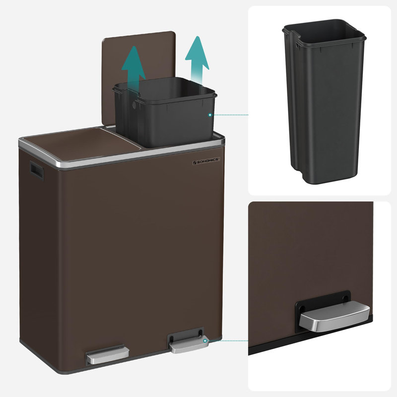 Poubelle, 2 poubelles de 8 gallons (2 x 30 L) pour la cuisine, avec 15 sacs poubelles, 2 compartiments, seaux intérieurs en plastique et couvercles à charnières, hermétique, brun