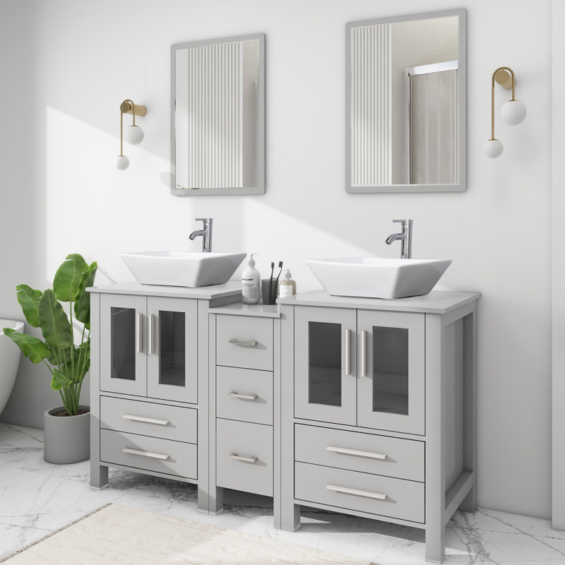Meuble-lavabo double 60 po avec comptoir en bois manufacturé, lavabo vasque, robinet et bonde , Gris