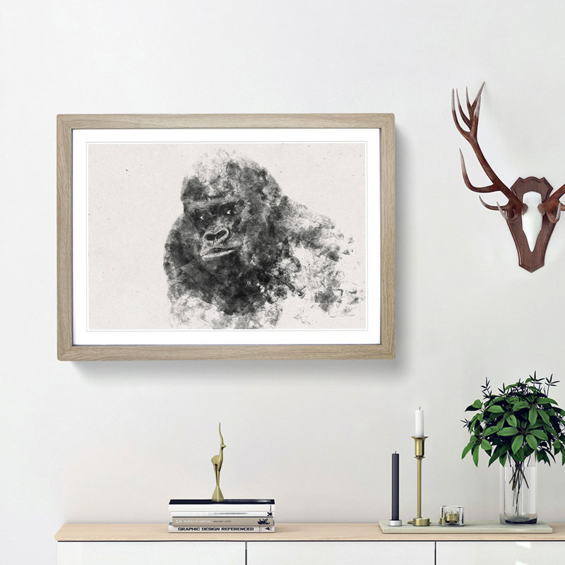A Silverback Gorilla Watercolour - Single Picture Frame Print on MDF, 45cm H x 63cm W x 2cm D, Oak Framed