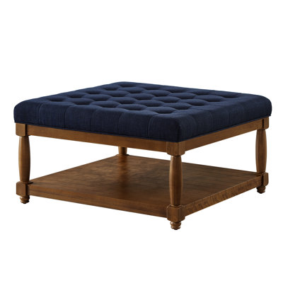 Large Square Linen Coffee Table, And Padded, Navy Blue, 18" Height Solid Wood Shelf , Ideal For Restaurant Decor