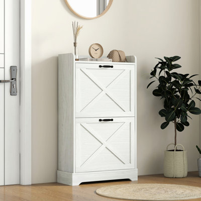 Entryway Shoe Cupboard, Hidden Storage With 2 Drawers & Adjustable Shelves, Fits 8 Pairs, Distressed White Cabinet Charm - Flip Stores