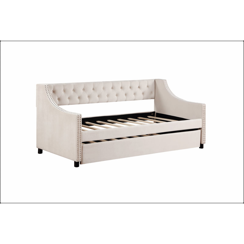 Upholstered Daybed with Trundle, Frame Velvet Bedframe Tufted Button & Copper Nail on Arms Design, Beige, Twin
