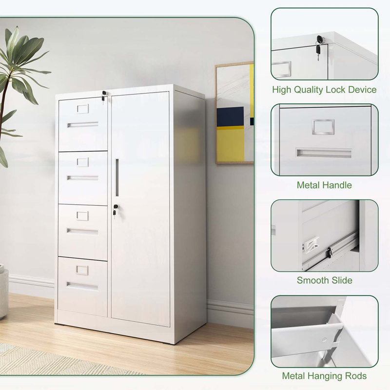 Classeur en métal durable avec serrure, 4 tiroirs et 1 porte pour le bureau et la maison