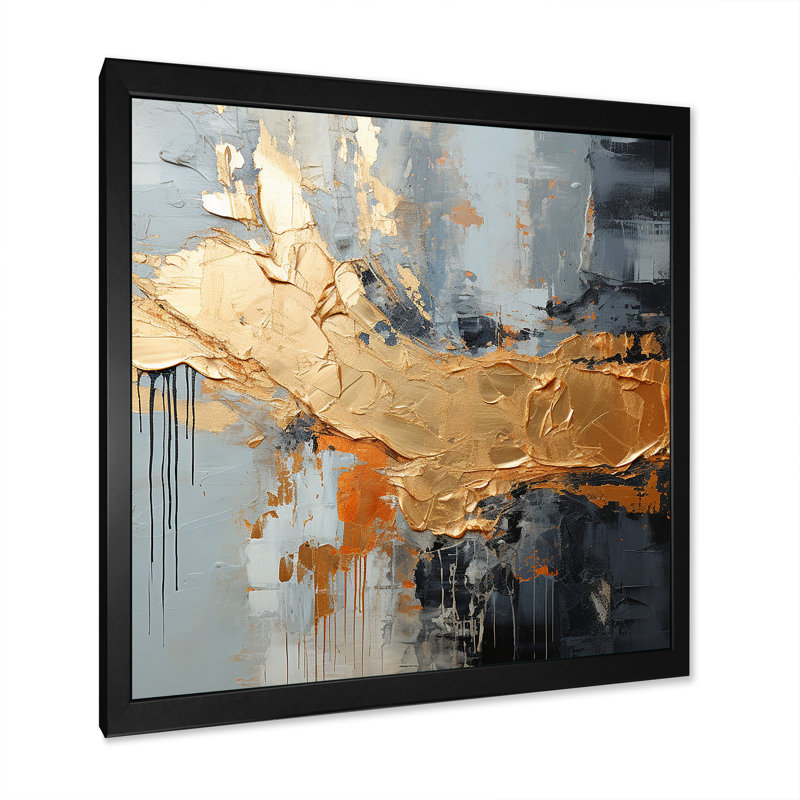 Or et gris, formes liquides modernes IV - décoration murale abstraite, Cadre simple noir, H 30 po x l 30 po x P 1,5 po