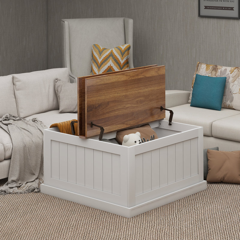 Table basse 31,5 "Farmhouse, table centrale carrée en bois avec plateau relevable articulé