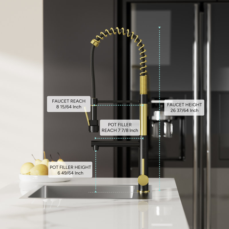 Robinet de cuisine rétractable à poignée simple avec distributeur de savon, Noir mat / Or