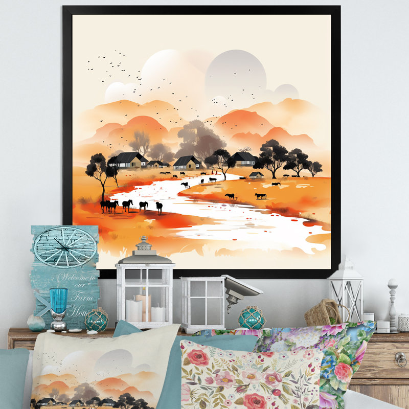 Fulani Nomades, paysage africain - Art mural paysage africain, Cadre simple noir, H 16 po x l 16 po x P 1 po