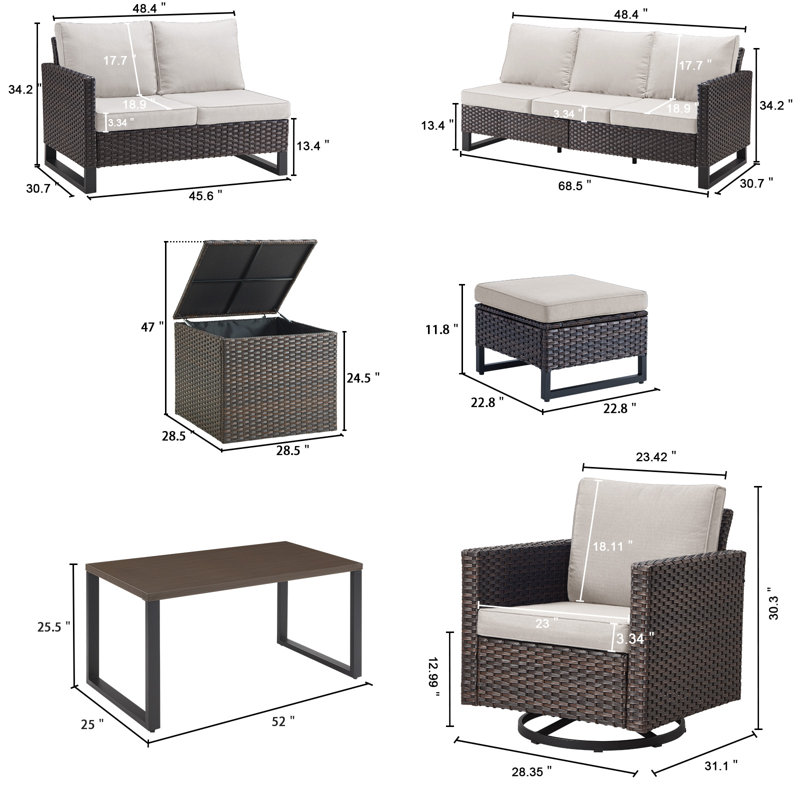 Ensemble de conversation modulaire d'extérieur 8 pièces avec coussins de rangement en osier Ingvald, Beige