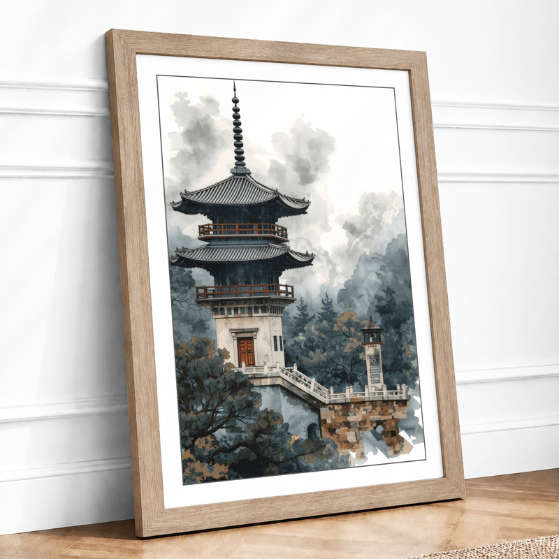 Pagoda in Cloud Japandi - Framed Print, Oak, A4 - 29.7 x 21.0 cm