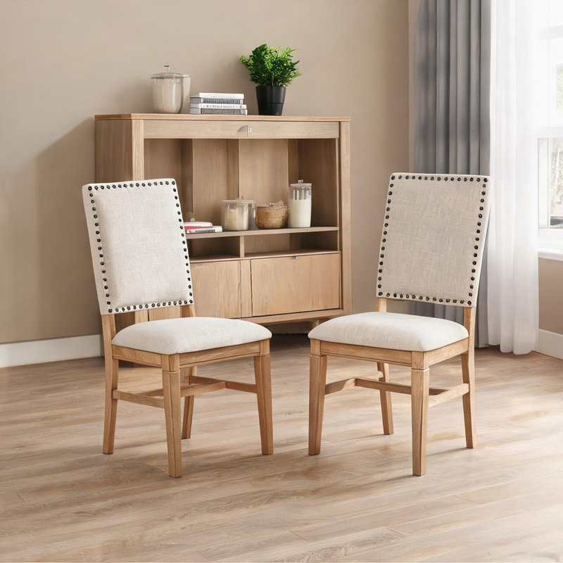 Ensemble de 2 chaises d'appoint rembourrées, mélange de polyester, finition naturelle, dossier rectangulaire avec garniture cloutée, beige, L 20 po x l 24,25 po x H 38,5 po
