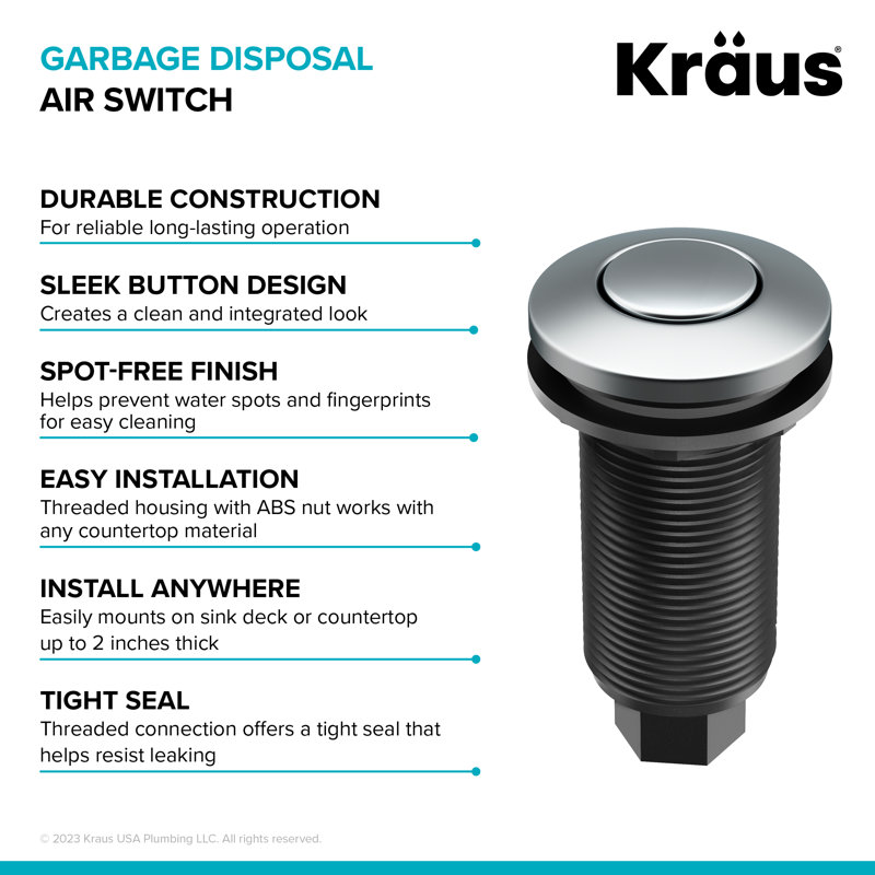 KRAUS Garbage Disposal Air Switch Kit with Push Button, AC Adapter, Power Cord, and Air Tube Included, Chrome