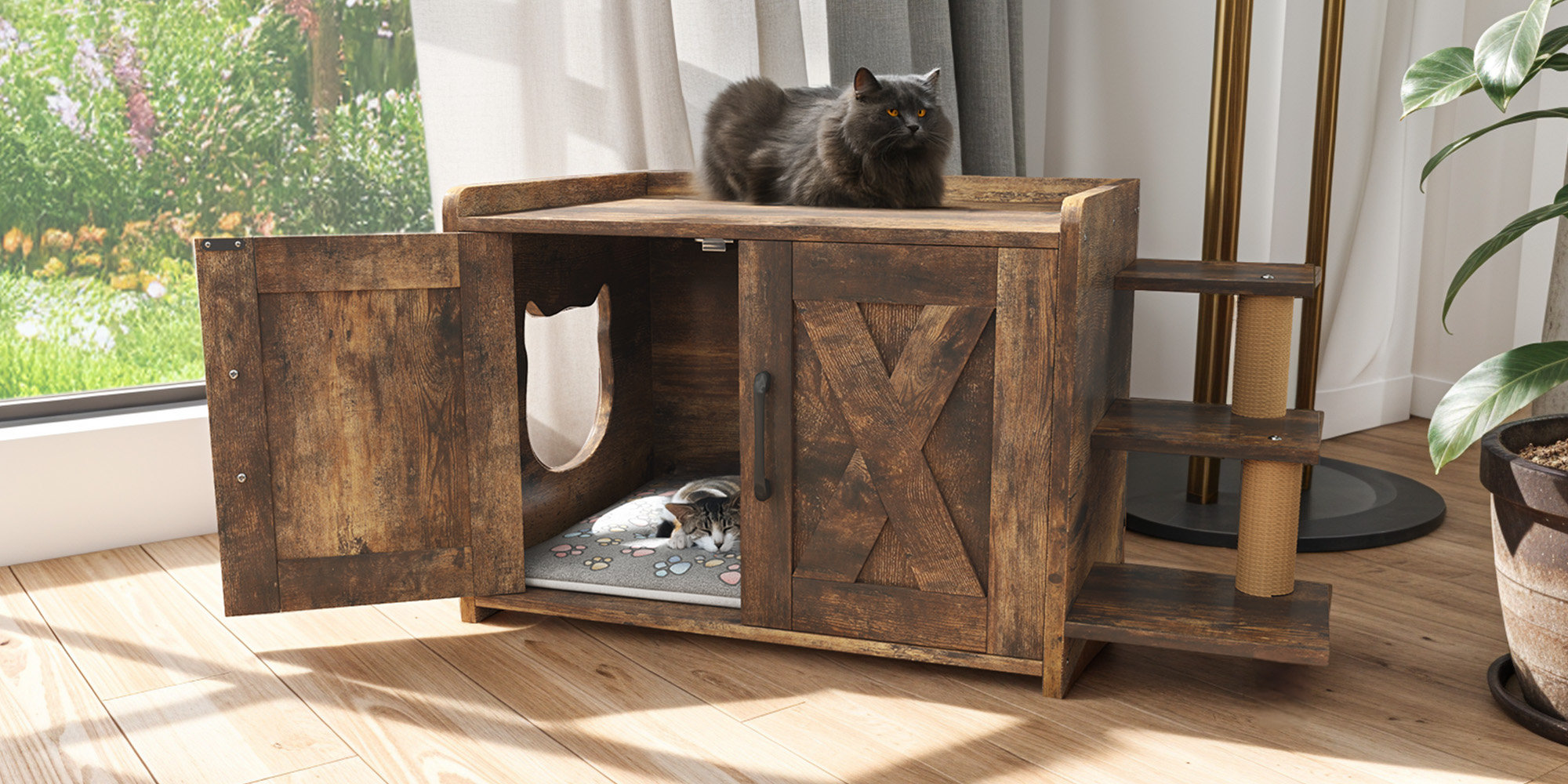 Gracie Oaks Cat Box Enclosure with Scratching Posts | Wayfair