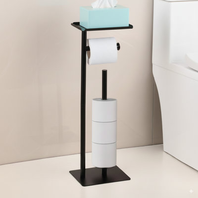 Porte-papier hygiénique sur pied - Support pour papier hygiénique en métal antirouille pour 4 rouleaux avec base et tablette pour téléphone et petits articles, organisateurs de salle de bain et rangement, noir