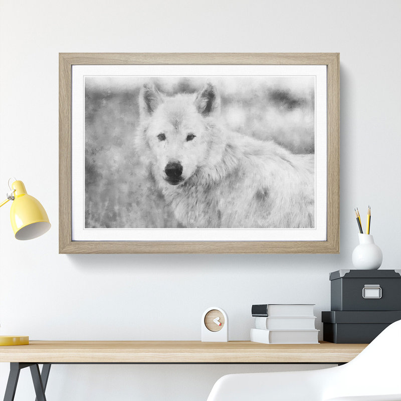 White Wolf - Picture Frame Painting, 36cm H x 48cm W x 2cm D, Oak Framed