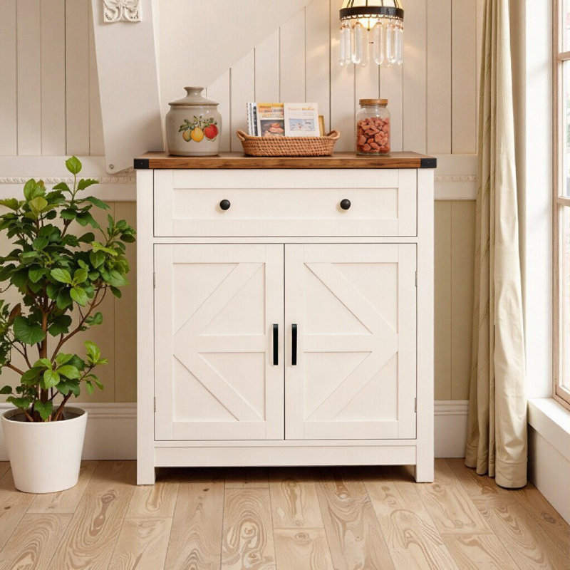 Compact Farmhouse Barn Door Storage Cabinet With Drawer, White+Oak