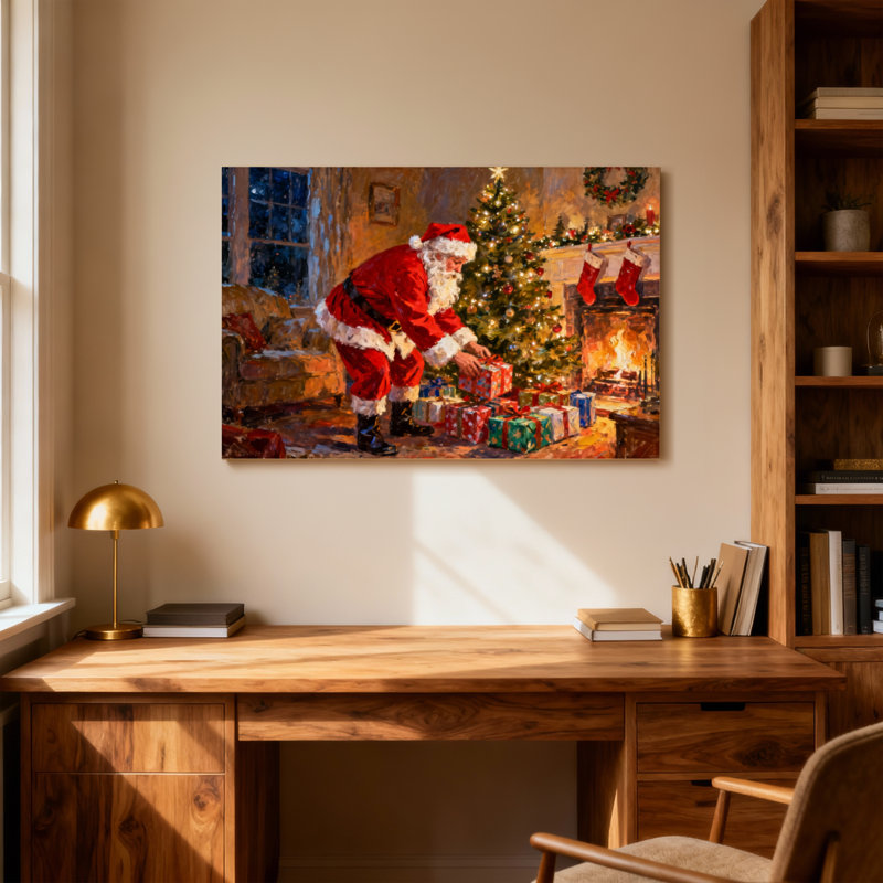 Père Noël emballant des cadeaux près d'un arbre de Noël