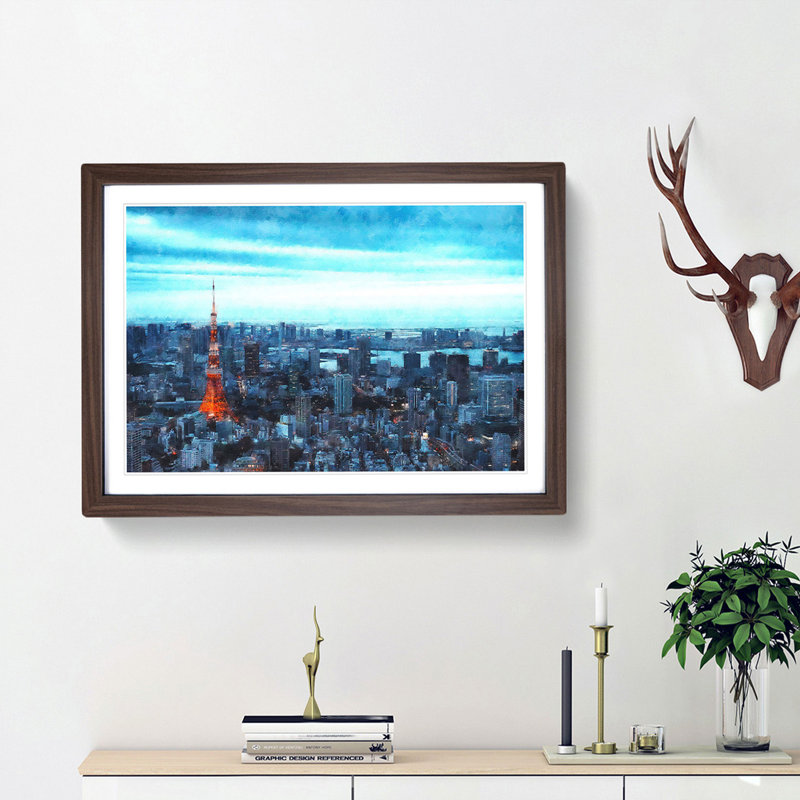 Tokyo Tower & Japan Skyline - Picture Frame Painting Print on MDF, 62cm H x 87cm W x 2cm D, Walnut Framed