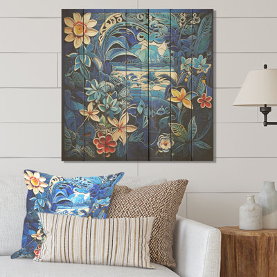 Flower Blue Botanical Mosaic II - Abstract Floral On Wood Print