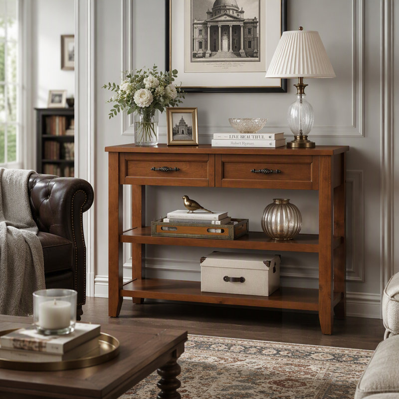 Console Mid-Century en bois massif avec 2 tiroirs et 2 tablettes, idéale pour le rangement du salon et du vestibule