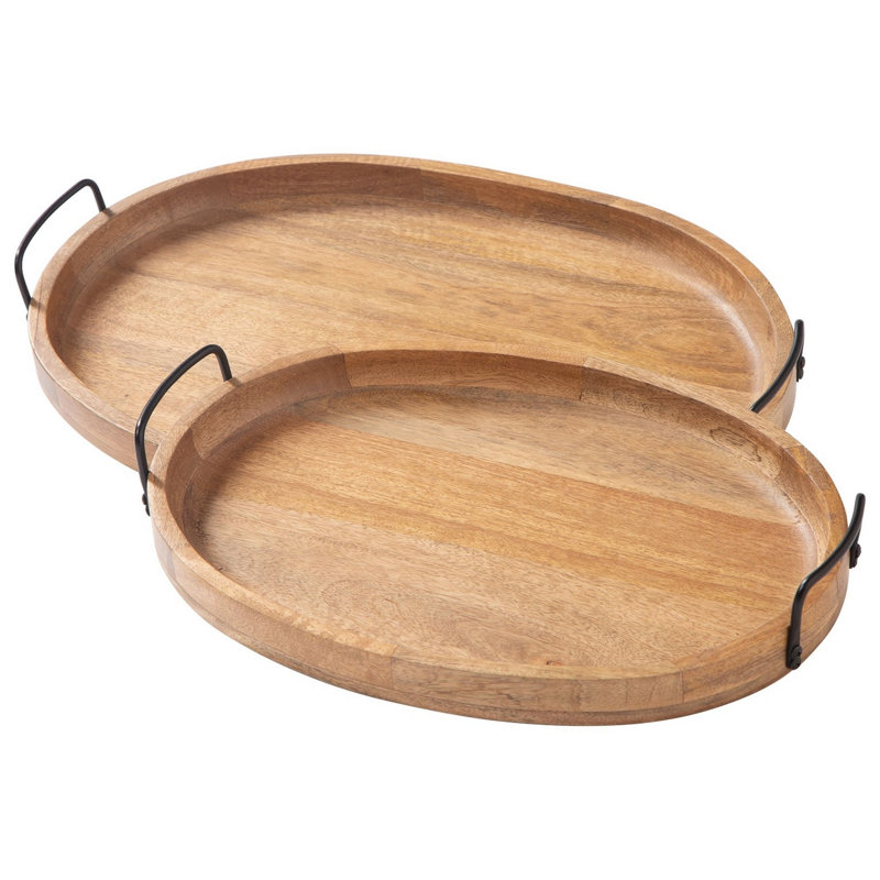 Jocelyne Contemporary 17" Brown Wood & Metal Serving Tray Set