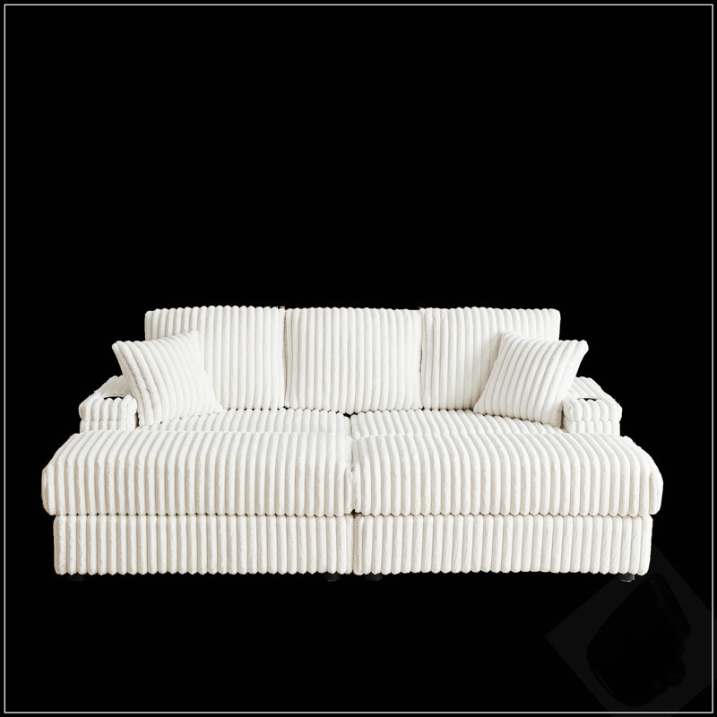 Canapé 3 places en velours côtelé de 213 cm avec coussins, pouf, repose-pieds avec rangement et rainures pour porte-gobelets pour un confort optimal