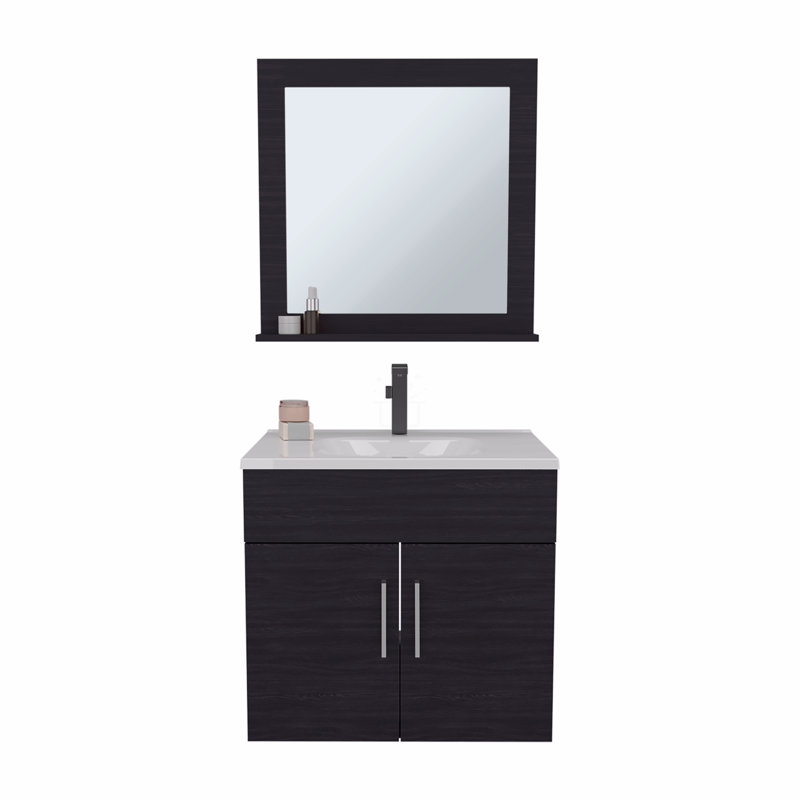 Ensemble de salle de bain, lavabo + miroir, 2 portes, 1 tablette, 1 miroir, Noir