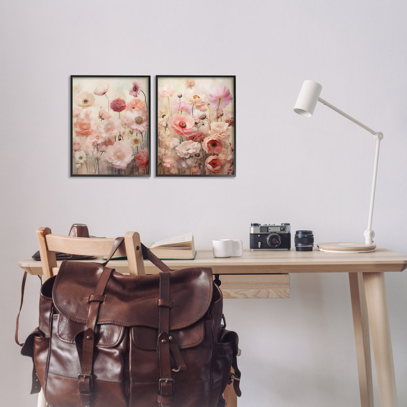«Pink Blush Floral Field», ensemble de 2 giclées encadrées par RileyB, H 14 po x l 11 po, Giclée encadrée noir minuit