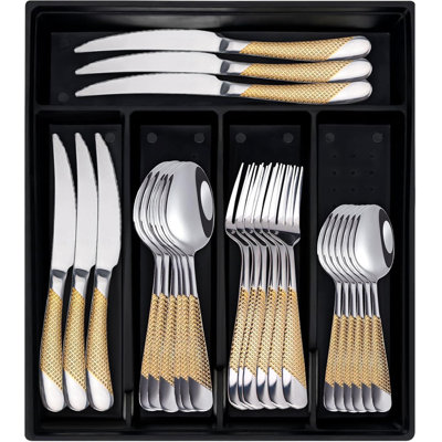 24-Piece Stainless Steel Flatware Set For 6 With Drawer Organizer, Premium Food-Grade Cutlery Set With Anti-Skid Handle, Mirror Polished Finish, Rust-Proof And Dishwasher Safe