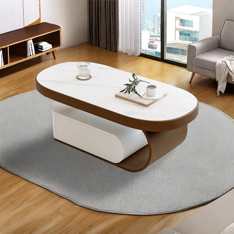 Modern simple oval shaped coffee table, White/Dark Walnut, Walnut/White, 16.5" H x 43.3" L x 23.6" W